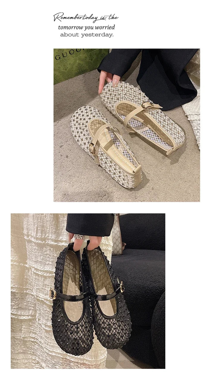 Women's Flat Shoes Grid Rhinestones Soft Sole Light Shoes for Women Daily Commute Dress Breathable in Summer Zapatillas De Mujer