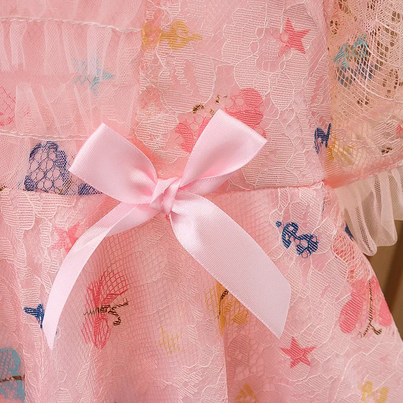 Dress Bubble Sleeve Lace Butterfly Print