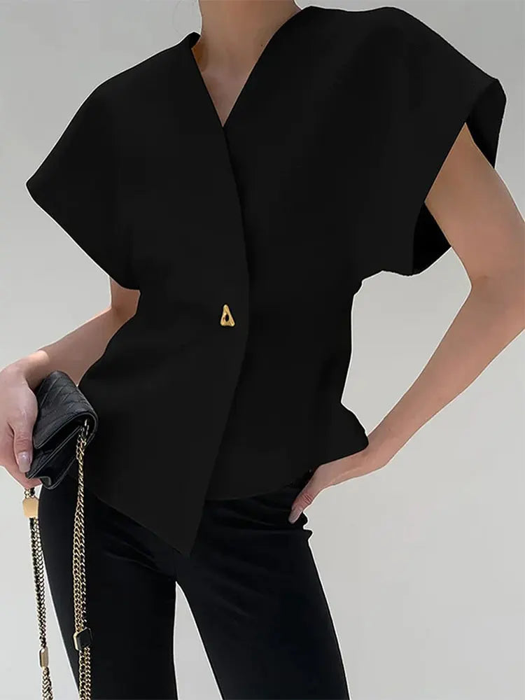 Solid Button Lapel Short Tops