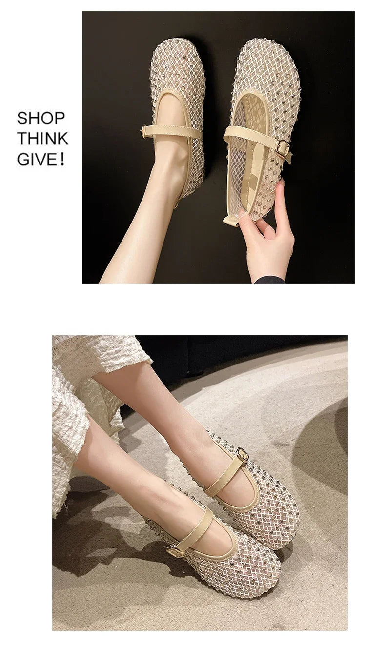 Women's Flat Shoes Grid Rhinestones Soft Sole Light Shoes for Women Daily Commute Dress Breathable in Summer Zapatillas De Mujer